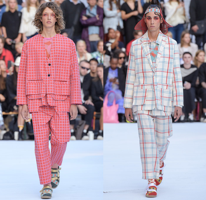 Henrik Vibskov 2020 Spring Summer Mens Runway Catwalk Looks Collection - Copenhagen Fashion Week Denmark CPHFW København - Mesh Bucket Hat Pier Boat Sea Lobster Claws Elastic Band Geometric Diamonds Plaid Check Pattern Print Trench Coat Long Sleeve Shirt Stripes Wide Sleeves Cargo Pockets Suit Blazer Harem Pants Baggy Slouchy Leggings Shorts Strap Shoes