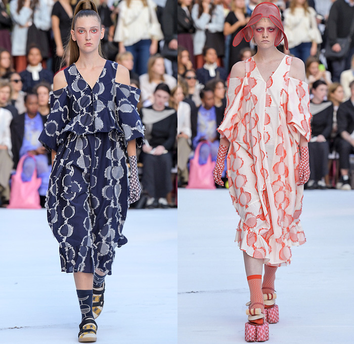 Henrik Vibskov 2020 Spring Summer Womens Runway Catwalk Looks Collection - Copenhagen Fashion Week Denmark CPHFW København - Coat Cutout Shoulders Frayed Raw Hem Geometric Check Plaid Lobster Fish Spots Claws Elastic Band Stripes Ruffles Quilted Maxi Dress Wide Sleeves Shirtdress Onesie Anorakdress Accordion Pleats Leggings Culottes Opera Gloves Mesh Bucket Hat Elevator Shoes