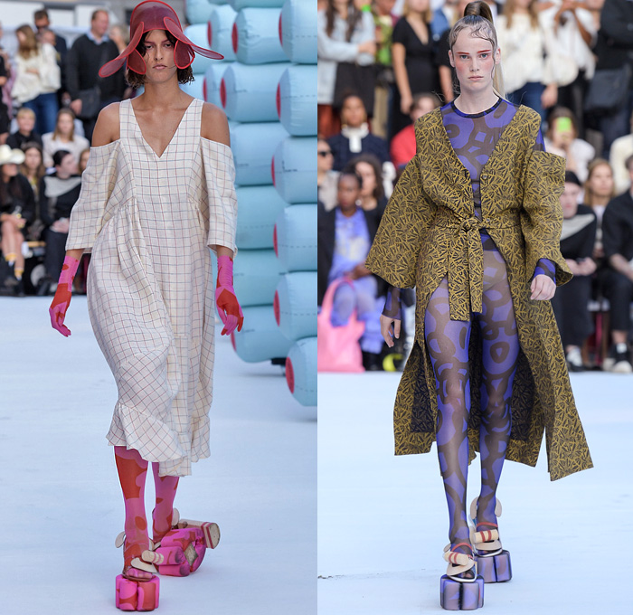 Henrik Vibskov 2020 Spring Summer Womens Runway Catwalk Looks Collection - Copenhagen Fashion Week Denmark CPHFW København - Coat Cutout Shoulders Frayed Raw Hem Geometric Check Plaid Lobster Fish Spots Claws Elastic Band Stripes Ruffles Quilted Maxi Dress Wide Sleeves Shirtdress Onesie Anorakdress Accordion Pleats Leggings Culottes Opera Gloves Mesh Bucket Hat Elevator Shoes