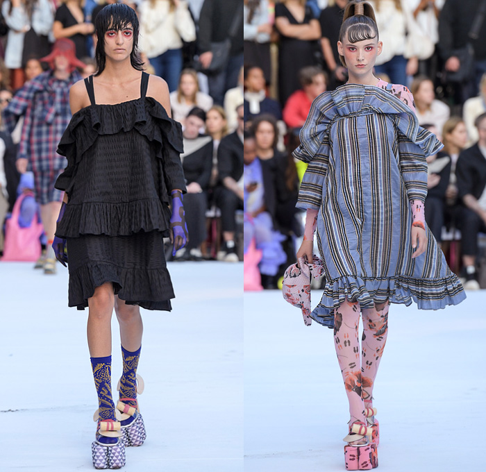 Henrik Vibskov 2020 Spring Summer Womens Runway Catwalk Looks Collection - Copenhagen Fashion Week Denmark CPHFW København - Coat Cutout Shoulders Frayed Raw Hem Geometric Check Plaid Lobster Fish Spots Claws Elastic Band Stripes Ruffles Quilted Maxi Dress Wide Sleeves Shirtdress Onesie Anorakdress Accordion Pleats Leggings Culottes Opera Gloves Mesh Bucket Hat Elevator Shoes