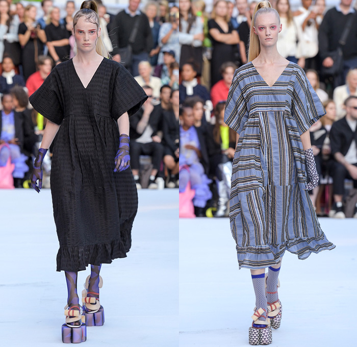 Henrik Vibskov 2020 Spring Summer Womens Runway Catwalk Looks Collection - Copenhagen Fashion Week Denmark CPHFW København - Coat Cutout Shoulders Frayed Raw Hem Geometric Check Plaid Lobster Fish Spots Claws Elastic Band Stripes Ruffles Quilted Maxi Dress Wide Sleeves Shirtdress Onesie Anorakdress Accordion Pleats Leggings Culottes Opera Gloves Mesh Bucket Hat Elevator Shoes