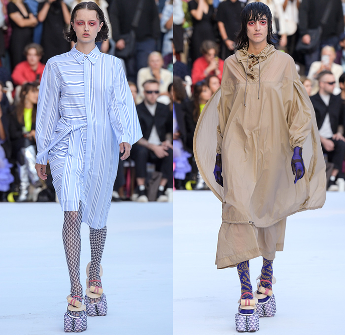 Henrik Vibskov 2020 Spring Summer Womens Runway Catwalk Looks Collection - Copenhagen Fashion Week Denmark CPHFW København - Coat Cutout Shoulders Frayed Raw Hem Geometric Check Plaid Lobster Fish Spots Claws Elastic Band Stripes Ruffles Quilted Maxi Dress Wide Sleeves Shirtdress Onesie Anorakdress Accordion Pleats Leggings Culottes Opera Gloves Mesh Bucket Hat Elevator Shoes