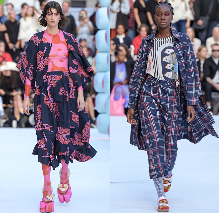 Henrik Vibskov 2020 Spring Summer Womens Runway Catwalk Looks Collection - Copenhagen Fashion Week Denmark CPHFW København - Coat Cutout Shoulders Frayed Raw Hem Geometric Check Plaid Lobster Fish Spots Claws Elastic Band Stripes Ruffles Quilted Maxi Dress Wide Sleeves Shirtdress Onesie Anorakdress Accordion Pleats Leggings Culottes Opera Gloves Mesh Bucket Hat Elevator Shoes