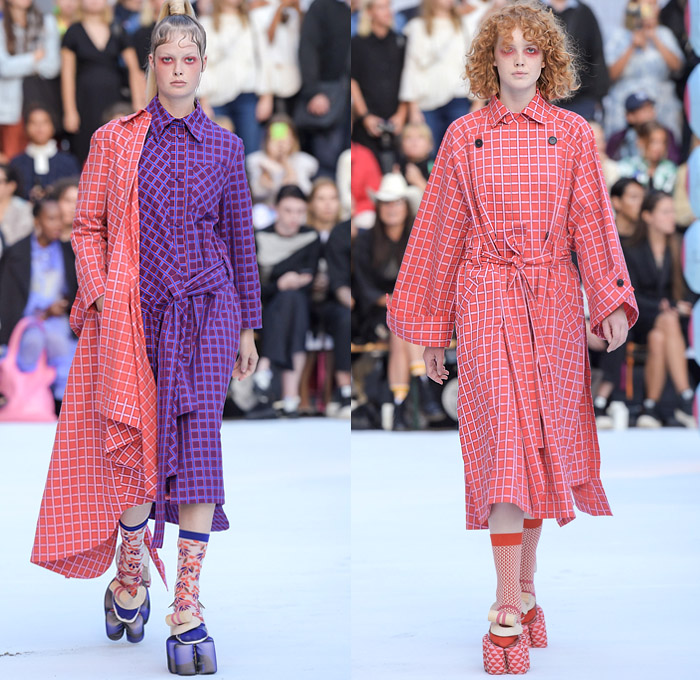 Henrik Vibskov 2020 Spring Summer Womens Runway Catwalk Looks Collection - Copenhagen Fashion Week Denmark CPHFW København - Coat Cutout Shoulders Frayed Raw Hem Geometric Check Plaid Lobster Fish Spots Claws Elastic Band Stripes Ruffles Quilted Maxi Dress Wide Sleeves Shirtdress Onesie Anorakdress Accordion Pleats Leggings Culottes Opera Gloves Mesh Bucket Hat Elevator Shoes