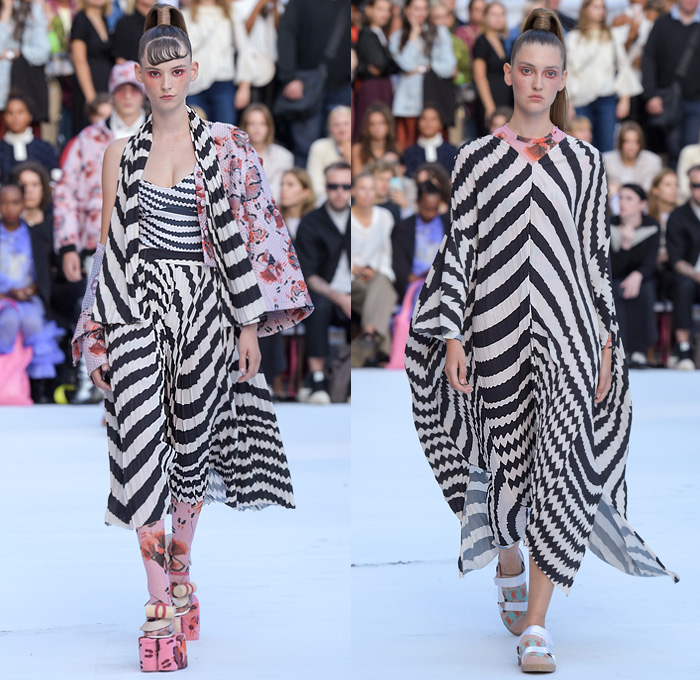 Henrik Vibskov 2020 Spring Summer Womens Runway Catwalk Looks Collection - Copenhagen Fashion Week Denmark CPHFW København - Coat Cutout Shoulders Frayed Raw Hem Geometric Check Plaid Lobster Fish Spots Claws Elastic Band Stripes Ruffles Quilted Maxi Dress Wide Sleeves Shirtdress Onesie Anorakdress Accordion Pleats Leggings Culottes Opera Gloves Mesh Bucket Hat Elevator Shoes