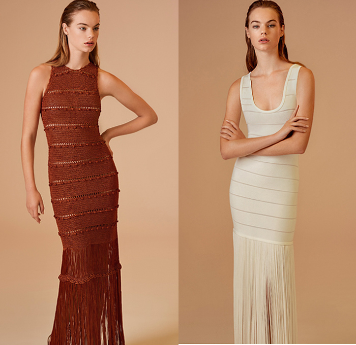 Hervé Léger 2020 Spring Summer Womens Lookbook Presentation - New York Fashion Week NYFW -  Sheer Chiffon Tulle Ruffles Frills Bandage Bodycon Dress Knit Crochet Mesh Tassels Accordion Pleats Mockneck Turtleneck Fringes Trims Straps Bands Crop Top Midriff Bedazzled Crystals Sweaterdress