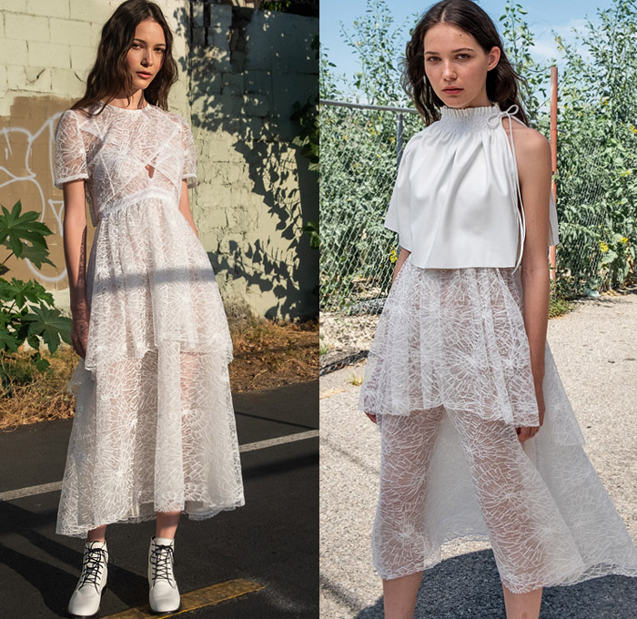 Hiraeth 2020 Spring Summer Womens Lookbook Presentation - New York Fashion Week NYFW - Lace Mesh Floral Flowers Mesh Embroidery Sheer Tulle Chiffon Wrap Ruffles Frills Bib Pellegrina Cape Wrinkled Marbled Texture Braid Harness Poufy Shoulders Prairie Peasant Countryside Strapless Dress Ribbon Jacket Crop Top Midriff Tiered Skirt High Waist Tapered Pants Dolphin Hem Shorts Boots Silk Satin Pouch