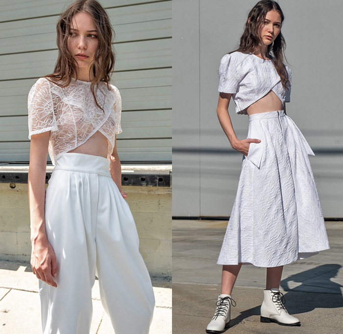 Hiraeth 2020 Spring Summer Womens Lookbook Presentation - New York Fashion Week NYFW - Lace Mesh Floral Flowers Mesh Embroidery Sheer Tulle Chiffon Wrap Ruffles Frills Bib Pellegrina Cape Wrinkled Marbled Texture Braid Harness Poufy Shoulders Prairie Peasant Countryside Strapless Dress Ribbon Jacket Crop Top Midriff Tiered Skirt High Waist Tapered Pants Dolphin Hem Shorts Boots Silk Satin Pouch