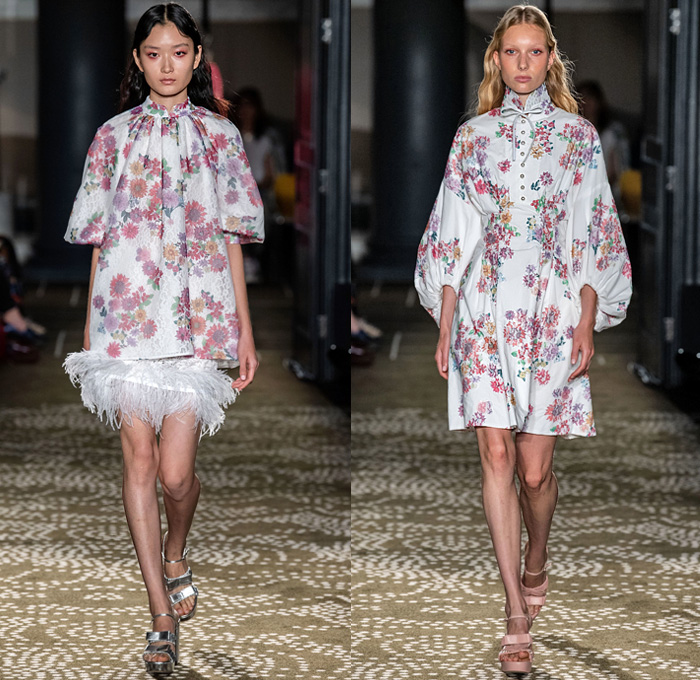 Huishan Zhang 2020 Spring Summer Womens Runway Catwalk Looks Collection - London Fashion Week Collections UK - Chinese Mandarin Gown Cheongsam Qípáo Pleats Flowers Floral Leaves Print Lace Embroidery Needlework Jacquard Brocade Bird Feathers Fringes Accordion Pleats Cinch Wide Sleeves Maxi Dress Sheer Tulle Bedazzled Pearlescent Beads Cargo Pockets Pellegrina Tiered Ruffles Shirtdress Trench Coat Silk Satin Skirt Noodle Strap Handbag Pouch Sandals Veil