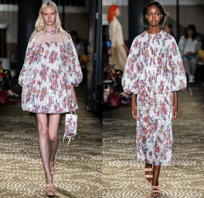Huishan Zhang 2020 Spring Summer Womens Runway Catwalk Looks Collection - London Fashion Week Collections UK - Chinese Mandarin Gown Cheongsam Qípáo Pleats Flowers Floral Leaves Print Lace Embroidery Needlework Jacquard Brocade Bird Feathers Fringes Accordion Pleats Cinch Wide Sleeves Maxi Dress Sheer Tulle Bedazzled Pearlescent Beads Cargo Pockets Pellegrina Tiered Ruffles Shirtdress Trench Coat Silk Satin Skirt Noodle Strap Handbag Pouch Sandals Veil