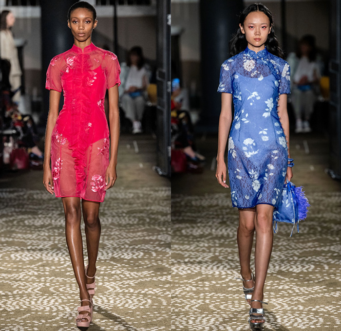 Huishan Zhang 2020 Spring Summer Womens Runway Catwalk Looks Collection - London Fashion Week Collections UK - Chinese Mandarin Gown Cheongsam Qípáo Pleats Flowers Floral Leaves Print Lace Embroidery Needlework Jacquard Brocade Bird Feathers Fringes Accordion Pleats Cinch Wide Sleeves Maxi Dress Sheer Tulle Bedazzled Pearlescent Beads Cargo Pockets Pellegrina Tiered Ruffles Shirtdress Trench Coat Silk Satin Skirt Noodle Strap Handbag Pouch Sandals Veil