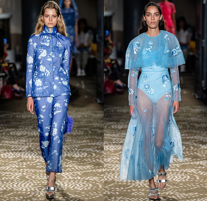 Huishan Zhang 2020 Spring Summer Womens Runway Catwalk Looks Collection - London Fashion Week Collections UK - Chinese Mandarin Gown Cheongsam Qípáo Pleats Flowers Floral Leaves Print Lace Embroidery Needlework Jacquard Brocade Bird Feathers Fringes Accordion Pleats Cinch Wide Sleeves Maxi Dress Sheer Tulle Bedazzled Pearlescent Beads Cargo Pockets Pellegrina Tiered Ruffles Shirtdress Trench Coat Silk Satin Skirt Noodle Strap Handbag Pouch Sandals Veil