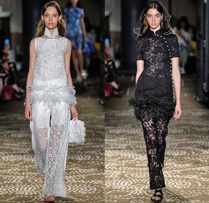 Huishan Zhang 2020 Spring Summer Womens Runway Catwalk Looks Collection - London Fashion Week Collections UK - Chinese Mandarin Gown Cheongsam Qípáo Pleats Flowers Floral Leaves Print Lace Embroidery Needlework Jacquard Brocade Bird Feathers Fringes Accordion Pleats Cinch Wide Sleeves Maxi Dress Sheer Tulle Bedazzled Pearlescent Beads Cargo Pockets Pellegrina Tiered Ruffles Shirtdress Trench Coat Silk Satin Skirt Noodle Strap Handbag Pouch Sandals Veil