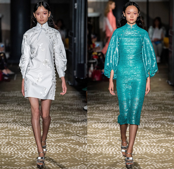 Huishan Zhang 2020 Spring Summer Womens Runway Catwalk Looks Collection - London Fashion Week Collections UK - Chinese Mandarin Gown Cheongsam Qípáo Pleats Flowers Floral Leaves Print Lace Embroidery Needlework Jacquard Brocade Bird Feathers Fringes Accordion Pleats Cinch Wide Sleeves Maxi Dress Sheer Tulle Bedazzled Pearlescent Beads Cargo Pockets Pellegrina Tiered Ruffles Shirtdress Trench Coat Silk Satin Skirt Noodle Strap Handbag Pouch Sandals Veil