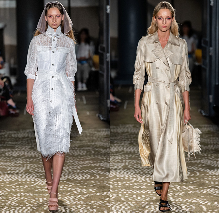 Huishan Zhang 2020 Spring Summer Womens Runway Catwalk Looks Collection - London Fashion Week Collections UK - Chinese Mandarin Gown Cheongsam Qípáo Pleats Flowers Floral Leaves Print Lace Embroidery Needlework Jacquard Brocade Bird Feathers Fringes Accordion Pleats Cinch Wide Sleeves Maxi Dress Sheer Tulle Bedazzled Pearlescent Beads Cargo Pockets Pellegrina Tiered Ruffles Shirtdress Trench Coat Silk Satin Skirt Noodle Strap Handbag Pouch Sandals Veil