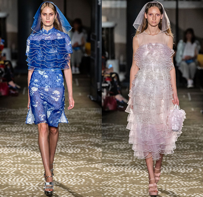 Huishan Zhang 2020 Spring Summer Womens Runway Catwalk Looks Collection - London Fashion Week Collections UK - Chinese Mandarin Gown Cheongsam Qípáo Pleats Flowers Floral Leaves Print Lace Embroidery Needlework Jacquard Brocade Bird Feathers Fringes Accordion Pleats Cinch Wide Sleeves Maxi Dress Sheer Tulle Bedazzled Pearlescent Beads Cargo Pockets Pellegrina Tiered Ruffles Shirtdress Trench Coat Silk Satin Skirt Noodle Strap Handbag Pouch Sandals Veil
