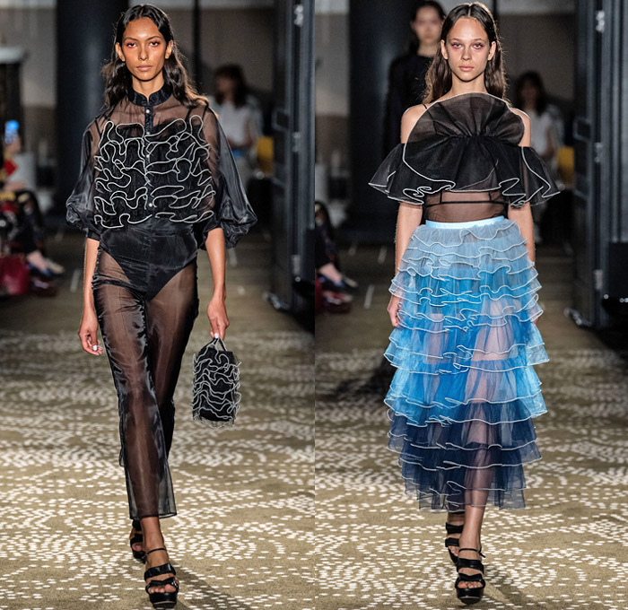 Huishan Zhang 2020 Spring Summer Womens Runway Catwalk Looks Collection - London Fashion Week Collections UK - Chinese Mandarin Gown Cheongsam Qípáo Pleats Flowers Floral Leaves Print Lace Embroidery Needlework Jacquard Brocade Bird Feathers Fringes Accordion Pleats Cinch Wide Sleeves Maxi Dress Sheer Tulle Bedazzled Pearlescent Beads Cargo Pockets Pellegrina Tiered Ruffles Shirtdress Trench Coat Silk Satin Skirt Noodle Strap Handbag Pouch Sandals Veil