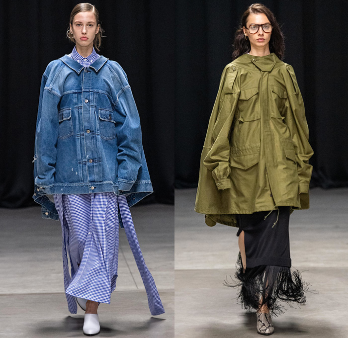 HYKE 2020 Spring Summer Womens Runway Catwalk Looks - Rakuten Fashion Week Tokyo Japan - Deconstructed Denim Jeans Jacket Cargo Flap Pockets Gingham Check Stripes Elongated Hem Extra Panel Military Hoodie Trench Coat Parka Cape Fringes Crop Top Midriff Strap Knit Cardigan Tabard Accordion Pleats Sheer Maxi Dress Leg O'Mutton Sleeves Blouse Arm Warmers Hanging Sleeve Onesie Shirtdress Asymmetrical Buttons Adidas Collaboration Marbled Tied Ribbed Tote Handbag Sandals Snakeskin