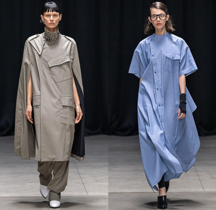 HYKE 2020 Spring Summer Womens Runway Catwalk Looks - Rakuten Fashion Week Tokyo Japan - Deconstructed Denim Jeans Jacket Cargo Flap Pockets Gingham Check Stripes Elongated Hem Extra Panel Military Hoodie Trench Coat Parka Cape Fringes Crop Top Midriff Strap Knit Cardigan Tabard Accordion Pleats Sheer Maxi Dress Leg O'Mutton Sleeves Blouse Arm Warmers Hanging Sleeve Onesie Shirtdress Asymmetrical Buttons Adidas Collaboration Marbled Tied Ribbed Tote Handbag Sandals Snakeskin