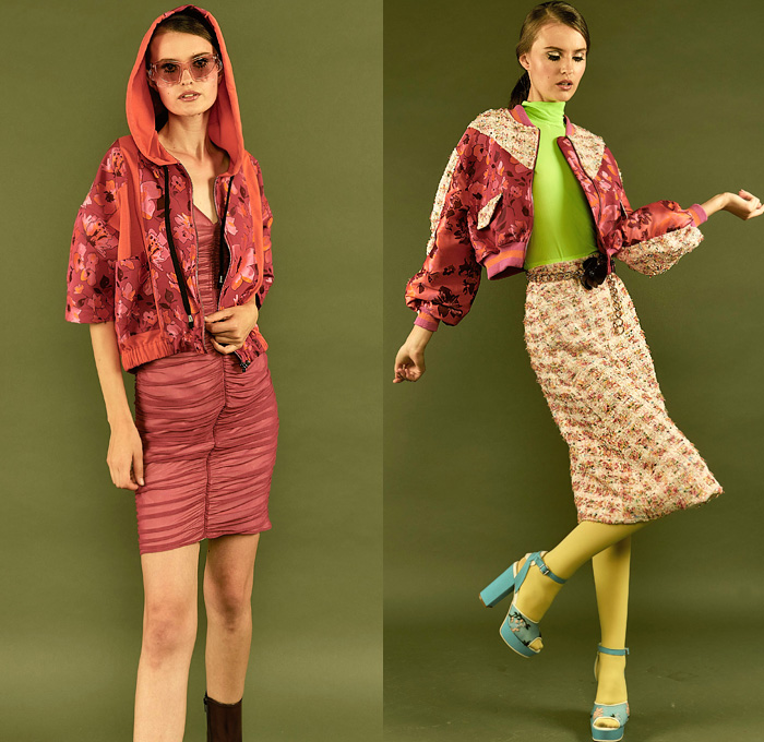 I'M Isola Marras 2020 Spring Summer Womens Lookbook Presentation - Milano Moda Donna Collezione Milan Fashion Week Italy - 1960s Sixties Mod 1970s Seventies Disco Diana Ross Andy Warhol Flowers Floral Print Hoodie Sweatshirt Patchwork Bomber Jacket Coat Bedazzled Mesh Knit Chain Neon Green Knit Vest Turtleneck Poufy Shoulders Ruffles Straps Cutout Waist Maxi Dress Wrap Draped Cinch Pleated Sheer Skirt Leggings Tights Acid Wash Denim Jeans Bangles Sunglasses Boots