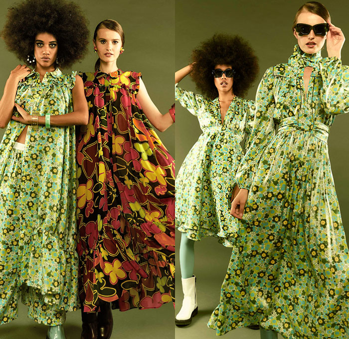I'M Isola Marras 2020 Spring Summer Womens Lookbook Presentation - Milano Moda Donna Collezione Milan Fashion Week Italy - 1960s Sixties Mod 1970s Seventies Disco Diana Ross Andy Warhol Flowers Floral Print Hoodie Sweatshirt Patchwork Bomber Jacket Coat Bedazzled Mesh Knit Chain Neon Green Knit Vest Turtleneck Poufy Shoulders Ruffles Straps Cutout Waist Maxi Dress Wrap Draped Cinch Pleated Sheer Skirt Leggings Tights Acid Wash Denim Jeans Bangles Sunglasses Boots