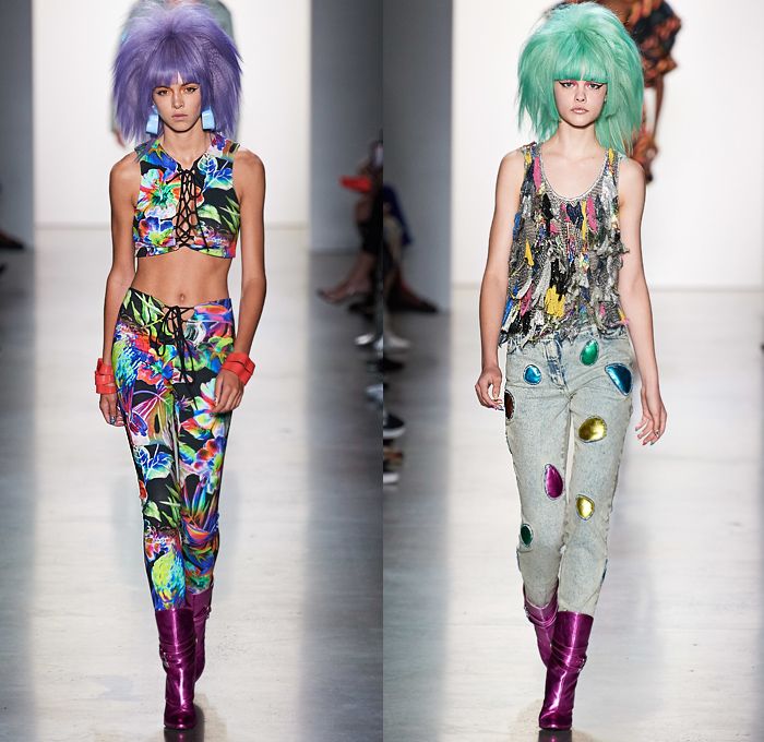 Jeremy Scott 2020 Spring Summer Womens Runway Looks Collection - New York Fashion Week NYFW - Neon Rock Opera Heavy Metal New Wave 1980s Eighties Sci-Fi Glam Rock Crop Top Midriff Lace Up Plants Flowers Floral Rags Crystals Fringes Gem Stone Patches Acid Wash Denim Jeans Copper Snakeskin Motorcycle Biker Tuxedo Jacket Chain Link Mesh Halterneck One Shoulder Swimsuit Blazerdress Spray Paint Zebra Unitard Sheer Strapless Ruffles Tutu Alien Tubes Multicolored Thigh High Boots Backpack