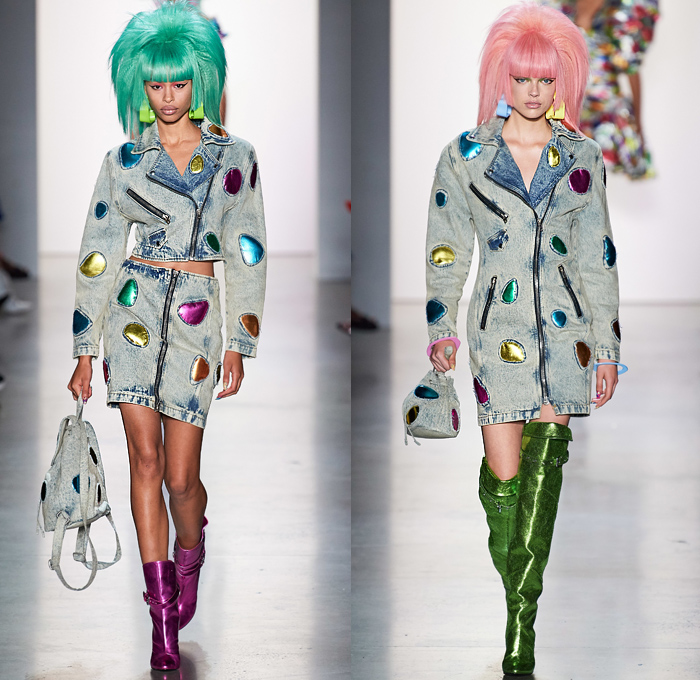 Jeremy Scott 2020 Spring Summer Womens Runway Looks Collection - New York Fashion Week NYFW - Neon Rock Opera Heavy Metal New Wave 1980s Eighties Sci-Fi Glam Rock Crop Top Midriff Lace Up Plants Flowers Floral Rags Crystals Fringes Gem Stone Patches Acid Wash Denim Jeans Copper Snakeskin Motorcycle Biker Tuxedo Jacket Chain Link Mesh Halterneck One Shoulder Swimsuit Blazerdress Spray Paint Zebra Unitard Sheer Strapless Ruffles Tutu Alien Tubes Multicolored Thigh High Boots Backpack