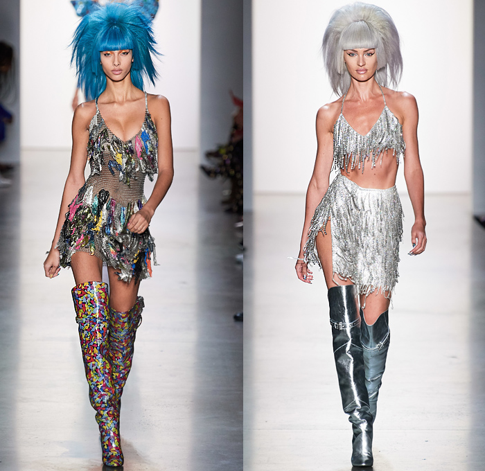 Jeremy Scott 2020 Spring Summer Womens Runway Looks Collection - New York Fashion Week NYFW - Neon Rock Opera Heavy Metal New Wave 1980s Eighties Sci-Fi Glam Rock Crop Top Midriff Lace Up Plants Flowers Floral Rags Crystals Fringes Gem Stone Patches Acid Wash Denim Jeans Copper Snakeskin Motorcycle Biker Tuxedo Jacket Chain Link Mesh Halterneck One Shoulder Swimsuit Blazerdress Spray Paint Zebra Unitard Sheer Strapless Ruffles Tutu Alien Tubes Multicolored Thigh High Boots Backpack