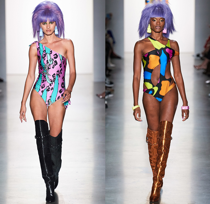 Jeremy Scott 2020 Spring Summer Womens Runway Looks Collection - New York Fashion Week NYFW - Neon Rock Opera Heavy Metal New Wave 1980s Eighties Sci-Fi Glam Rock Crop Top Midriff Lace Up Plants Flowers Floral Rags Crystals Fringes Gem Stone Patches Acid Wash Denim Jeans Copper Snakeskin Motorcycle Biker Tuxedo Jacket Chain Link Mesh Halterneck One Shoulder Swimsuit Blazerdress Spray Paint Zebra Unitard Sheer Strapless Ruffles Tutu Alien Tubes Multicolored Thigh High Boots Backpack