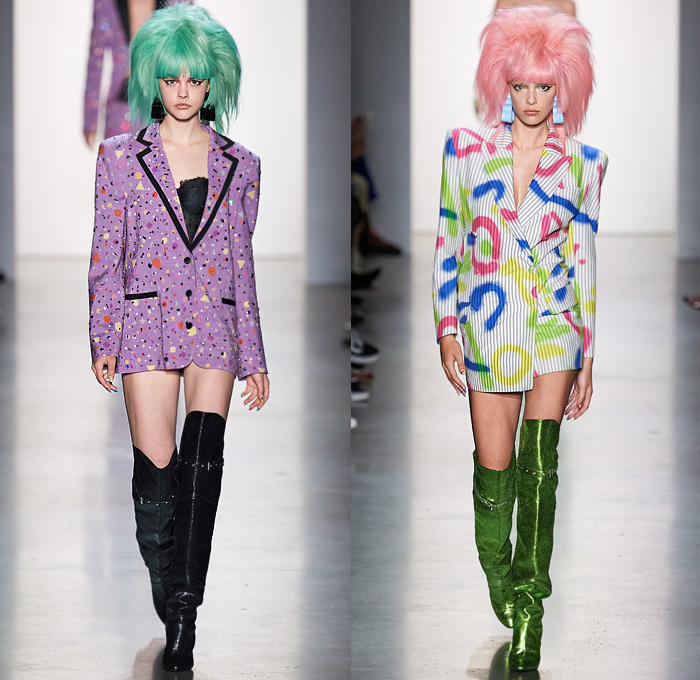 Jeremy Scott 2020 Spring Summer Womens Runway Looks Collection - New York Fashion Week NYFW - Neon Rock Opera Heavy Metal New Wave 1980s Eighties Sci-Fi Glam Rock Crop Top Midriff Lace Up Plants Flowers Floral Rags Crystals Fringes Gem Stone Patches Acid Wash Denim Jeans Copper Snakeskin Motorcycle Biker Tuxedo Jacket Chain Link Mesh Halterneck One Shoulder Swimsuit Blazerdress Spray Paint Zebra Unitard Sheer Strapless Ruffles Tutu Alien Tubes Multicolored Thigh High Boots Backpack