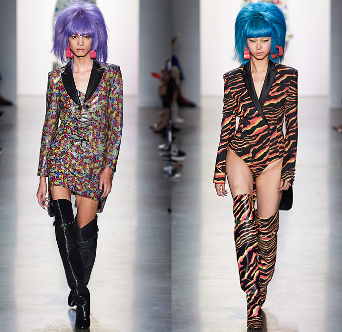 Jeremy Scott 2020 Spring Summer Womens Runway Looks Collection - New York Fashion Week NYFW - Neon Rock Opera Heavy Metal New Wave 1980s Eighties Sci-Fi Glam Rock Crop Top Midriff Lace Up Plants Flowers Floral Rags Crystals Fringes Gem Stone Patches Acid Wash Denim Jeans Copper Snakeskin Motorcycle Biker Tuxedo Jacket Chain Link Mesh Halterneck One Shoulder Swimsuit Blazerdress Spray Paint Zebra Unitard Sheer Strapless Ruffles Tutu Alien Tubes Multicolored Thigh High Boots Backpack