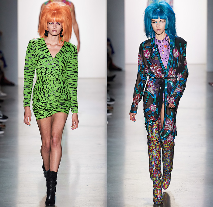 Jeremy Scott 2020 Spring Summer Womens Runway Looks Collection - New York Fashion Week NYFW - Neon Rock Opera Heavy Metal New Wave 1980s Eighties Sci-Fi Glam Rock Crop Top Midriff Lace Up Plants Flowers Floral Rags Crystals Fringes Gem Stone Patches Acid Wash Denim Jeans Copper Snakeskin Motorcycle Biker Tuxedo Jacket Chain Link Mesh Halterneck One Shoulder Swimsuit Blazerdress Spray Paint Zebra Unitard Sheer Strapless Ruffles Tutu Alien Tubes Multicolored Thigh High Boots Backpack