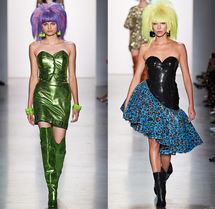 Jeremy Scott 2020 Spring Summer Womens Runway Looks Collection - New York Fashion Week NYFW - Neon Rock Opera Heavy Metal New Wave 1980s Eighties Sci-Fi Glam Rock Crop Top Midriff Lace Up Plants Flowers Floral Rags Crystals Fringes Gem Stone Patches Acid Wash Denim Jeans Copper Snakeskin Motorcycle Biker Tuxedo Jacket Chain Link Mesh Halterneck One Shoulder Swimsuit Blazerdress Spray Paint Zebra Unitard Sheer Strapless Ruffles Tutu Alien Tubes Multicolored Thigh High Boots Backpack