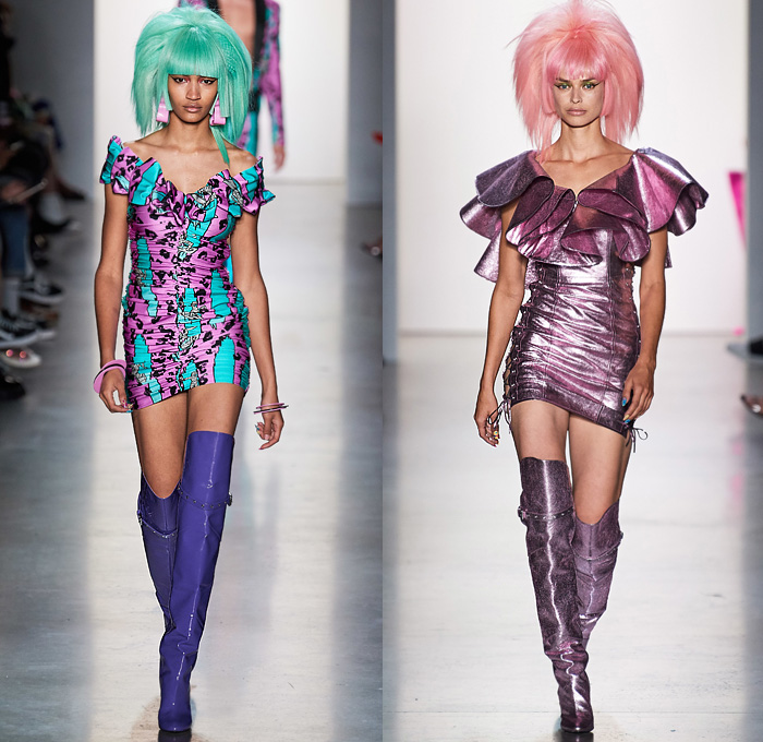 Jeremy Scott 2020 Spring Summer Womens Runway Looks Collection - New York Fashion Week NYFW - Neon Rock Opera Heavy Metal New Wave 1980s Eighties Sci-Fi Glam Rock Crop Top Midriff Lace Up Plants Flowers Floral Rags Crystals Fringes Gem Stone Patches Acid Wash Denim Jeans Copper Snakeskin Motorcycle Biker Tuxedo Jacket Chain Link Mesh Halterneck One Shoulder Swimsuit Blazerdress Spray Paint Zebra Unitard Sheer Strapless Ruffles Tutu Alien Tubes Multicolored Thigh High Boots Backpack