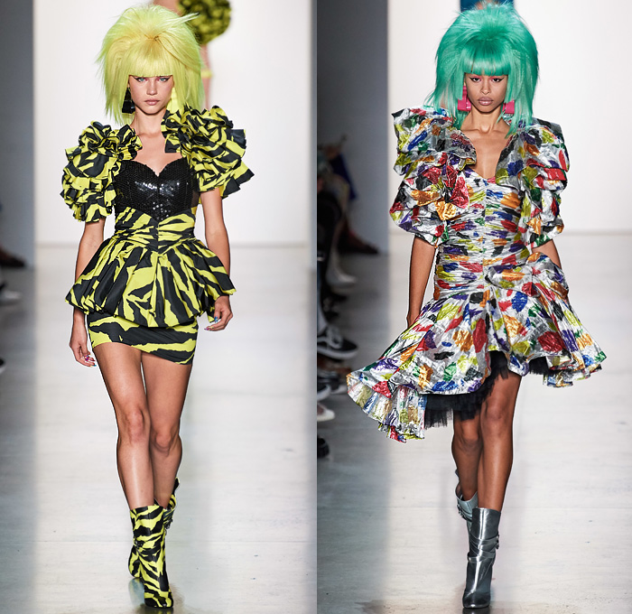 Jeremy Scott 2020 Spring Summer Womens Runway Looks Collection - New York Fashion Week NYFW - Neon Rock Opera Heavy Metal New Wave 1980s Eighties Sci-Fi Glam Rock Crop Top Midriff Lace Up Plants Flowers Floral Rags Crystals Fringes Gem Stone Patches Acid Wash Denim Jeans Copper Snakeskin Motorcycle Biker Tuxedo Jacket Chain Link Mesh Halterneck One Shoulder Swimsuit Blazerdress Spray Paint Zebra Unitard Sheer Strapless Ruffles Tutu Alien Tubes Multicolored Thigh High Boots Backpack