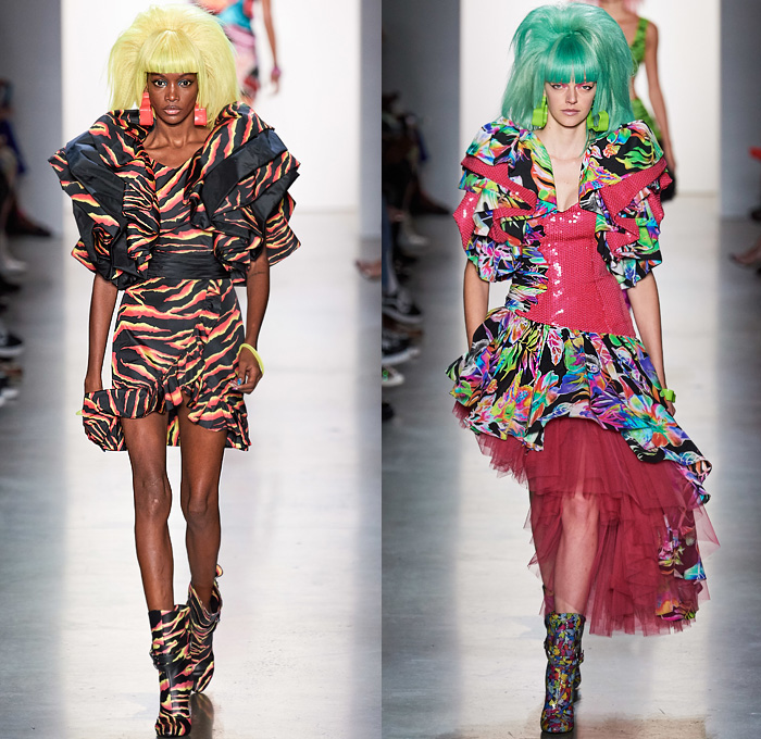 Jeremy Scott 2020 Spring Summer Womens Runway Looks Collection - New York Fashion Week NYFW - Neon Rock Opera Heavy Metal New Wave 1980s Eighties Sci-Fi Glam Rock Crop Top Midriff Lace Up Plants Flowers Floral Rags Crystals Fringes Gem Stone Patches Acid Wash Denim Jeans Copper Snakeskin Motorcycle Biker Tuxedo Jacket Chain Link Mesh Halterneck One Shoulder Swimsuit Blazerdress Spray Paint Zebra Unitard Sheer Strapless Ruffles Tutu Alien Tubes Multicolored Thigh High Boots Backpack