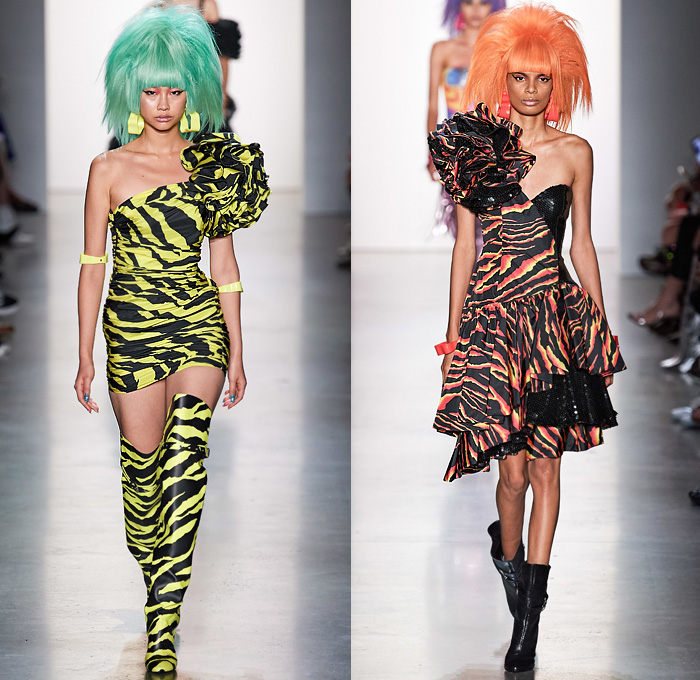 Jeremy Scott 2020 Spring Summer Womens Runway Looks Collection - New York Fashion Week NYFW - Neon Rock Opera Heavy Metal New Wave 1980s Eighties Sci-Fi Glam Rock Crop Top Midriff Lace Up Plants Flowers Floral Rags Crystals Fringes Gem Stone Patches Acid Wash Denim Jeans Copper Snakeskin Motorcycle Biker Tuxedo Jacket Chain Link Mesh Halterneck One Shoulder Swimsuit Blazerdress Spray Paint Zebra Unitard Sheer Strapless Ruffles Tutu Alien Tubes Multicolored Thigh High Boots Backpack