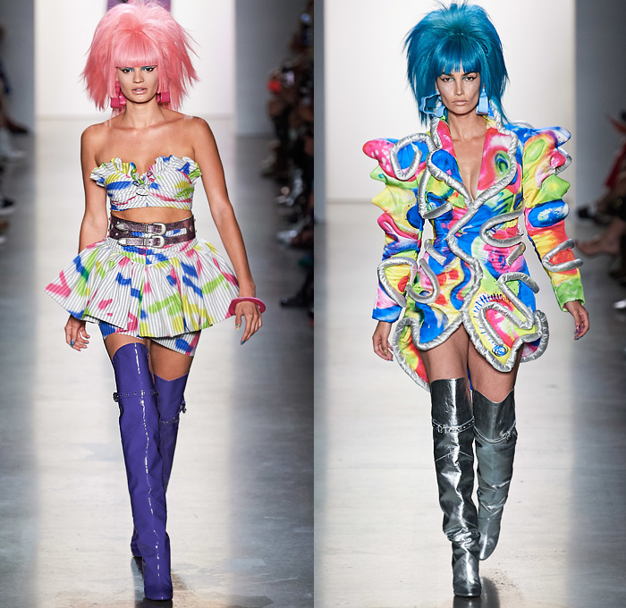 Jeremy Scott 2020 Spring Summer Womens Runway Looks Collection - New York Fashion Week NYFW - Neon Rock Opera Heavy Metal New Wave 1980s Eighties Sci-Fi Glam Rock Crop Top Midriff Lace Up Plants Flowers Floral Rags Crystals Fringes Gem Stone Patches Acid Wash Denim Jeans Copper Snakeskin Motorcycle Biker Tuxedo Jacket Chain Link Mesh Halterneck One Shoulder Swimsuit Blazerdress Spray Paint Zebra Unitard Sheer Strapless Ruffles Tutu Alien Tubes Multicolored Thigh High Boots Backpack