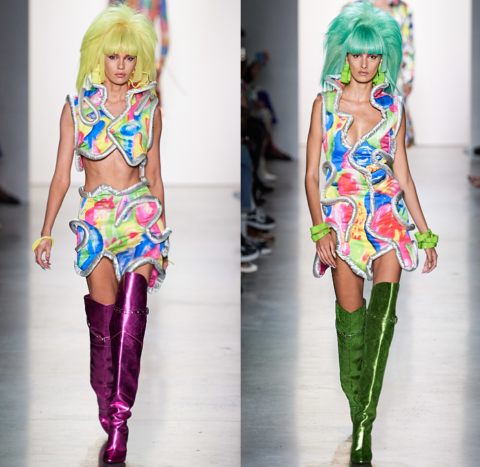 Jeremy Scott 2020 Spring Summer Womens Runway Looks Collection - New York Fashion Week NYFW - Neon Rock Opera Heavy Metal New Wave 1980s Eighties Sci-Fi Glam Rock Crop Top Midriff Lace Up Plants Flowers Floral Rags Crystals Fringes Gem Stone Patches Acid Wash Denim Jeans Copper Snakeskin Motorcycle Biker Tuxedo Jacket Chain Link Mesh Halterneck One Shoulder Swimsuit Blazerdress Spray Paint Zebra Unitard Sheer Strapless Ruffles Tutu Alien Tubes Multicolored Thigh High Boots Backpack