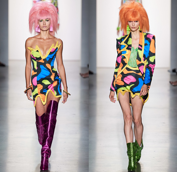 Jeremy Scott 2020 Spring Summer Womens Runway Looks Collection - New York Fashion Week NYFW - Neon Rock Opera Heavy Metal New Wave 1980s Eighties Sci-Fi Glam Rock Crop Top Midriff Lace Up Plants Flowers Floral Rags Crystals Fringes Gem Stone Patches Acid Wash Denim Jeans Copper Snakeskin Motorcycle Biker Tuxedo Jacket Chain Link Mesh Halterneck One Shoulder Swimsuit Blazerdress Spray Paint Zebra Unitard Sheer Strapless Ruffles Tutu Alien Tubes Multicolored Thigh High Boots Backpack