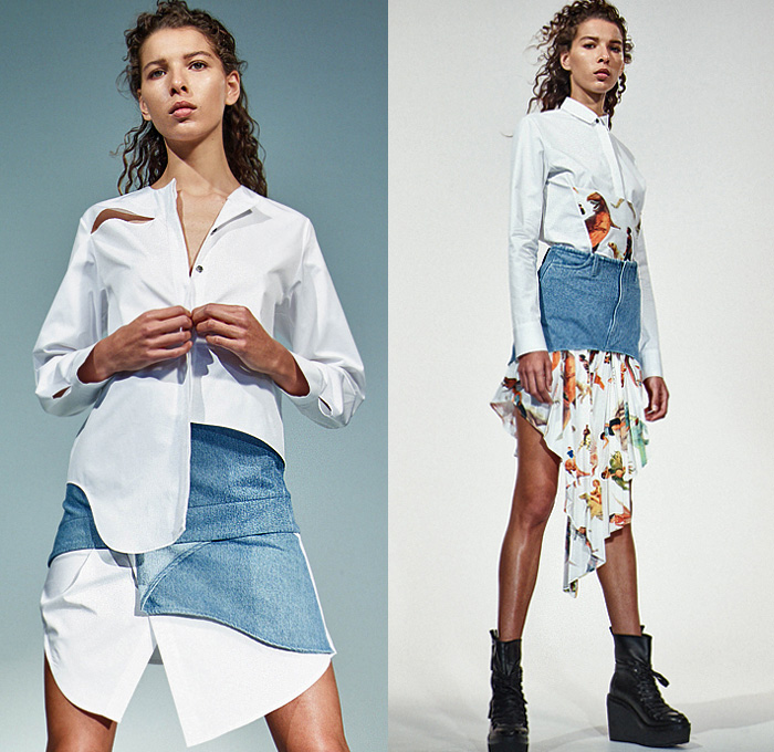 Ji Oh 2020 Spring Summer Womens Lookbook Presentation -  Deconstructed Denim Jeans Long Sleeve Blouse Tailored Band Collar Shirt Accordion Pleats Check Plaid Jacket Strapless Dress Asymmetrical Hem Buttoned Panels Cutaway Cutout Dinosaur Dino Rider Print Trench Coat Crop Top Midriff Sheer Tulle Trench Buttons Skirt Shorts Platform Boots 