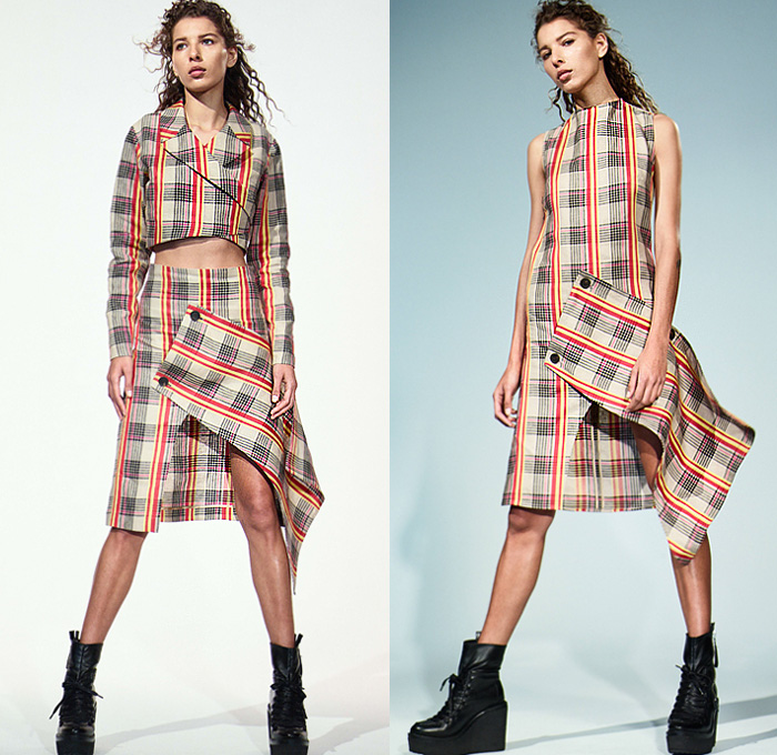 Ji Oh 2020 Spring Summer Womens Lookbook Presentation -  Deconstructed Denim Jeans Long Sleeve Blouse Tailored Band Collar Shirt Accordion Pleats Check Plaid Jacket Strapless Dress Asymmetrical Hem Buttoned Panels Cutaway Cutout Dinosaur Dino Rider Print Trench Coat Crop Top Midriff Sheer Tulle Trench Buttons Skirt Shorts Platform Boots 