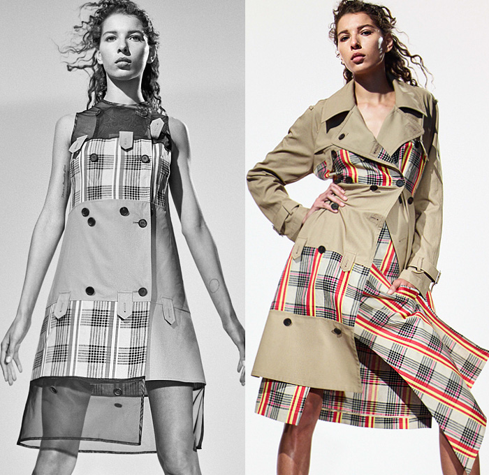 Ji Oh 2020 Spring Summer Womens Lookbook Presentation -  Deconstructed Denim Jeans Long Sleeve Blouse Tailored Band Collar Shirt Accordion Pleats Check Plaid Jacket Strapless Dress Asymmetrical Hem Buttoned Panels Cutaway Cutout Dinosaur Dino Rider Print Trench Coat Crop Top Midriff Sheer Tulle Trench Buttons Skirt Shorts Platform Boots 