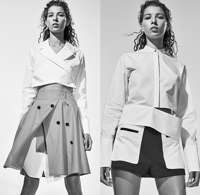 Ji Oh 2020 Spring Summer Womens Lookbook Presentation -  Deconstructed Denim Jeans Long Sleeve Blouse Tailored Band Collar Shirt Accordion Pleats Check Plaid Jacket Strapless Dress Asymmetrical Hem Buttoned Panels Cutaway Cutout Dinosaur Dino Rider Print Trench Coat Crop Top Midriff Sheer Tulle Trench Buttons Skirt Shorts Platform Boots 