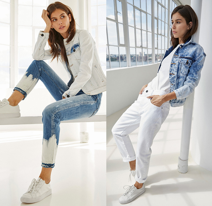 John John Lab 2020 Spring Summer Womens Lookbook Presentation - New York Fashion Week NYFW - Acid Wash Faded Stained White Denim Jeans Shirt Frayed Raw Hem Blouse Cargo Utility Pockets Jacket Destroyed Shirt Shorts Onesie Jumpsuit Coveralls Miniskirt Wide Strap Tied Drawstring Sneakers