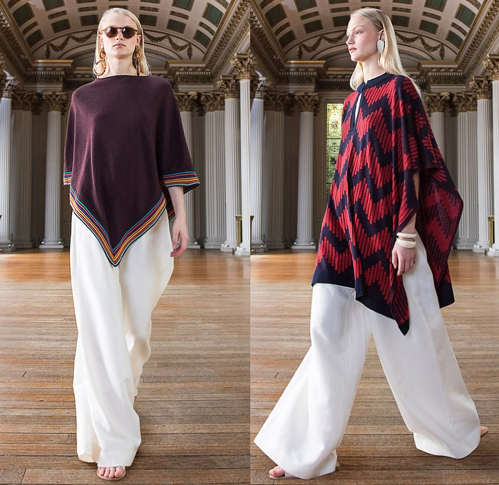 Johnstons of Elgin 2020 Spring Summer Womens Lookbook Presentation - Cloak Poncho Angular Handkerchief Hem Stripes Zigzag V-Neck Slip Dress Geometric Diamond Shape Pixels Cutout Shoulders Knit Weave Sweater Cardigan Scarf Shawl Fringes Pencil Skirt Blazer Wide Leg Palazzo Pants Heels Sandals