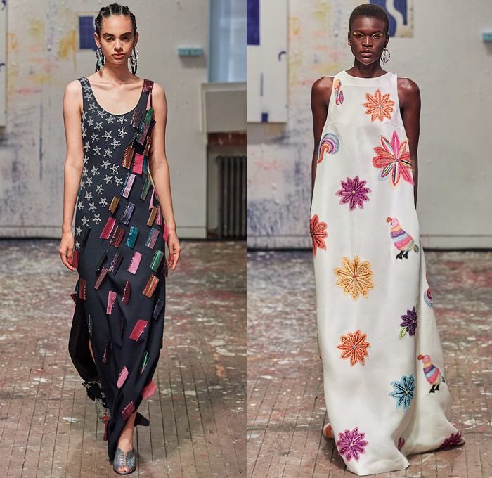 Jonathan Cohen 2020 Spring Summer Womens Runway Catwalk Looks Collection - New York Fashion Week NYFW - US American Flag Mexico California Roots Shirtdress Fringes Patchwork Serape Blanket Organic Cotton Denim Jeans Bedazzled Adorned Swarovski Crystals Embroidery Flowers Floral Birds Animals Día de Muertos Skulls Surfers Surfboards Stars Dress Knit Crochet Sweater Cardigan Stripes Tied Knots Ribbons Brocade Jacquard Pantsuit Bell Sleeves Miniskirt Boots Sandals