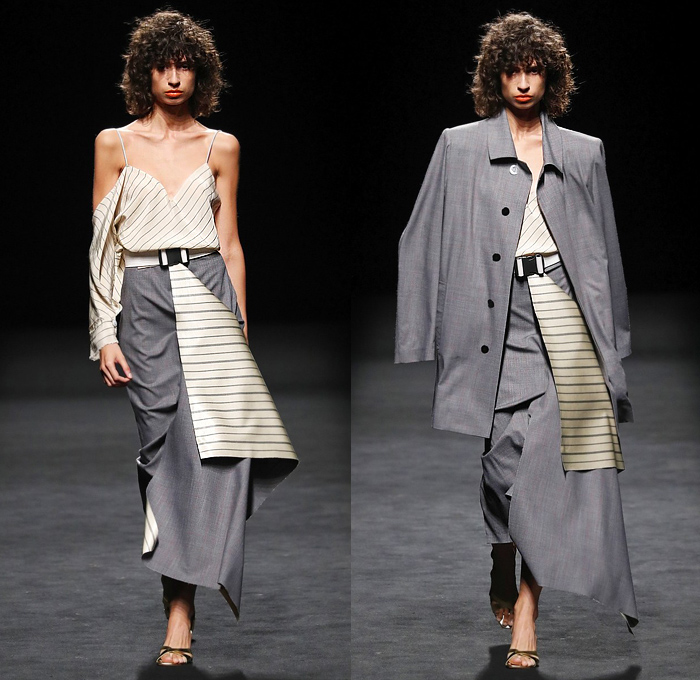 Juanjo Oliva 2020 Spring Summer Womens Runway Catwalk Looks Collection - Mercedes-Benz Fashion Week Madrid Spain – Coat Noodle Strap Skirt Panel Pinstripe Stripes Silk Satin One Shoulder Dress Turtleneck Shirtdress Mullet High-Low Asymmetrical Hem Hanging Sleeve Cape Blouse Cap Sleeve Tabard Knit Crochet Fringes Wide Leg Pants Culottes Plaid Check Lanyard Visor Boots Handbag