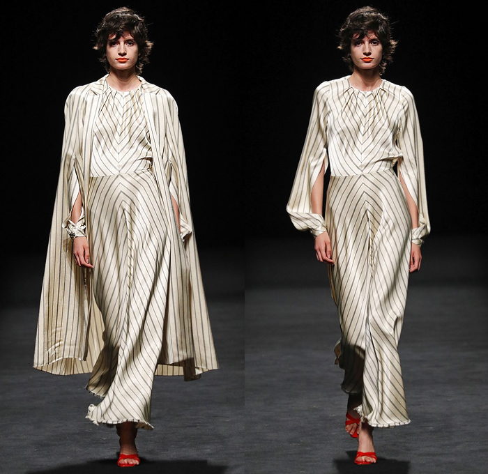 Juanjo Oliva 2020 Spring Summer Womens Runway Catwalk Looks Collection - Mercedes-Benz Fashion Week Madrid Spain – Coat Noodle Strap Skirt Panel Pinstripe Stripes Silk Satin One Shoulder Dress Turtleneck Shirtdress Mullet High-Low Asymmetrical Hem Hanging Sleeve Cape Blouse Cap Sleeve Tabard Knit Crochet Fringes Wide Leg Pants Culottes Plaid Check Lanyard Visor Boots Handbag