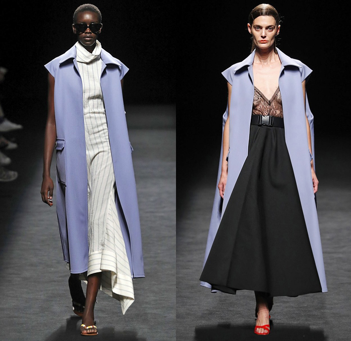 Juanjo Oliva 2020 Spring Summer Womens Runway Catwalk Looks Collection - Mercedes-Benz Fashion Week Madrid Spain – Coat Noodle Strap Skirt Panel Pinstripe Stripes Silk Satin One Shoulder Dress Turtleneck Shirtdress Mullet High-Low Asymmetrical Hem Hanging Sleeve Cape Blouse Cap Sleeve Tabard Knit Crochet Fringes Wide Leg Pants Culottes Plaid Check Lanyard Visor Boots Handbag